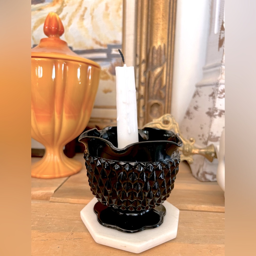Vintage Tiara Glass Footed Tapered Candle Holder Diamond Point Gothic Style